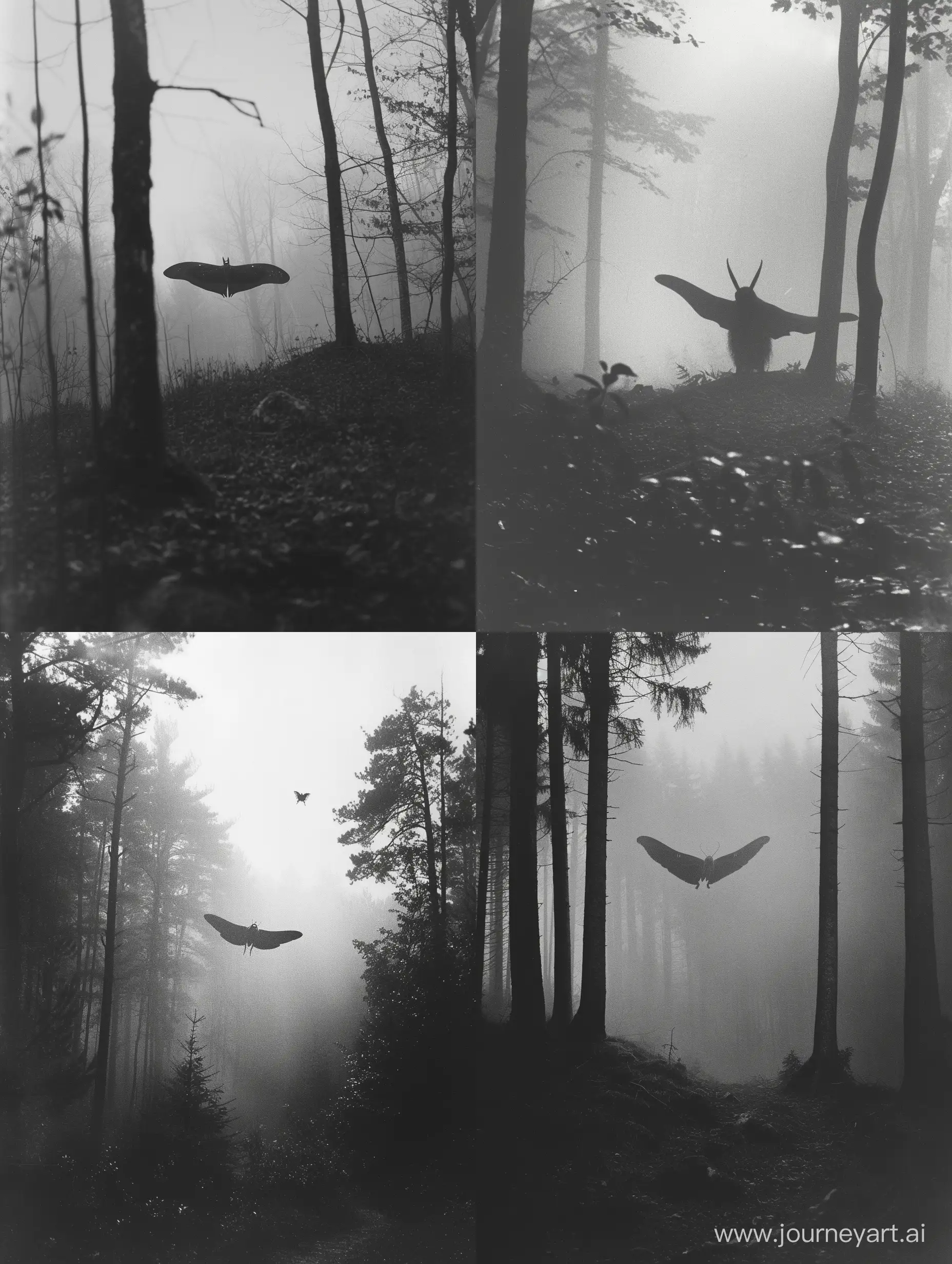 Eerie-Grayscale-Image-The-Mothman-Roaming-a-Foggy-Forest