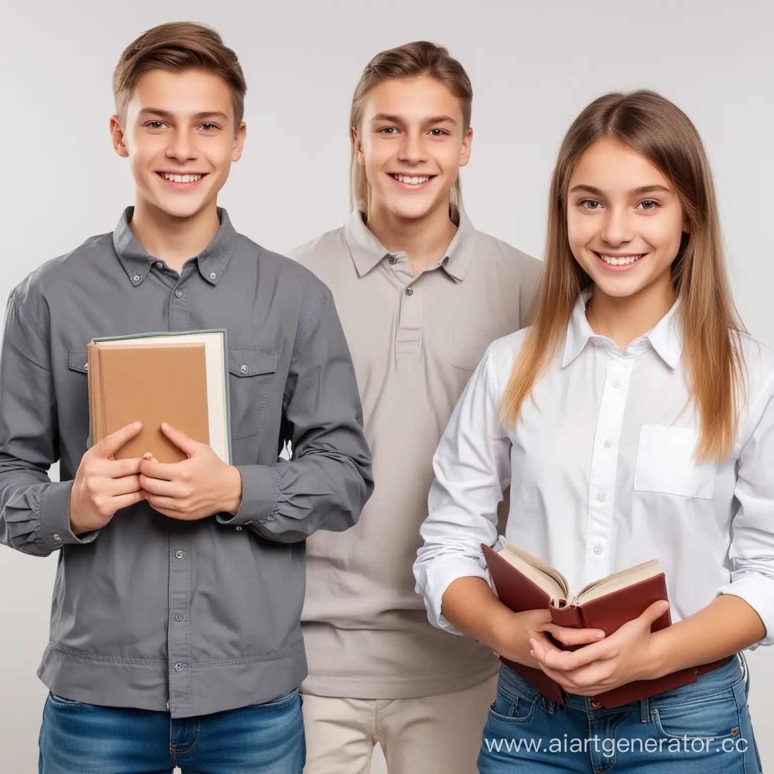 teenagers slavic  boy and girl holding 2 books each smart casual smiling white smooth background