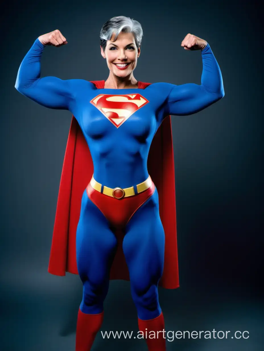 A gorgeous woman with short gray hair. Age 32. She has enormous super muscles throughout her body. She is flexing her enormous arms muscles. She is happy and powerful. She is wearing the classic Superman costume from "Superman The Movie", with blue spandex leggings, long blue sleeves, red briefs, and a cape. The symbol on her chest has no black lines.