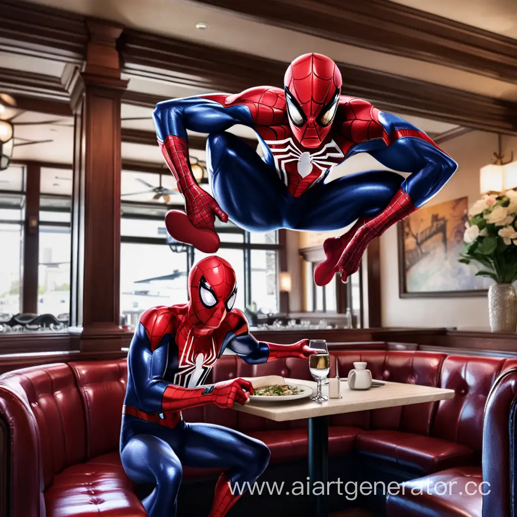 Spider Man is in the restaurant
