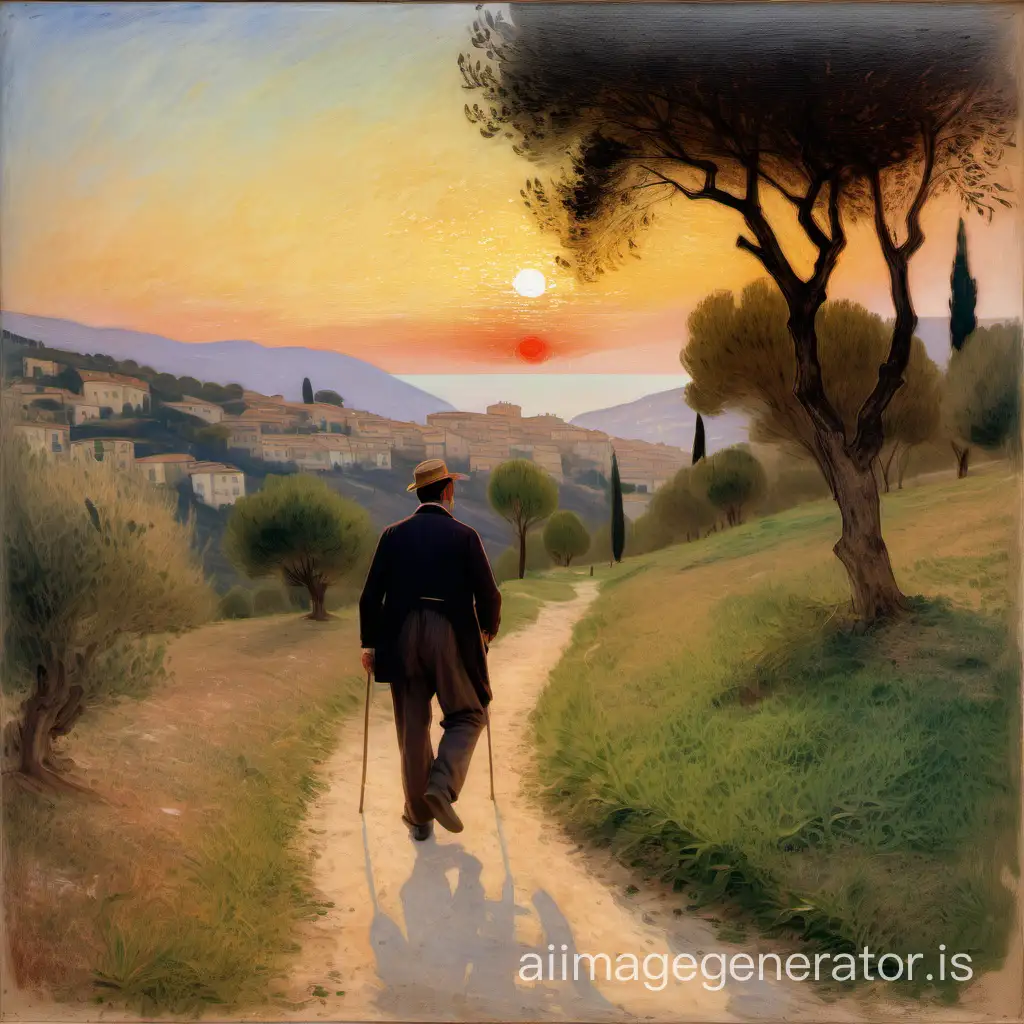 A middle-aged man walks in a natural landscape in the South of France (Digne), 19th century, sunset ambiance, painting style: impressionism