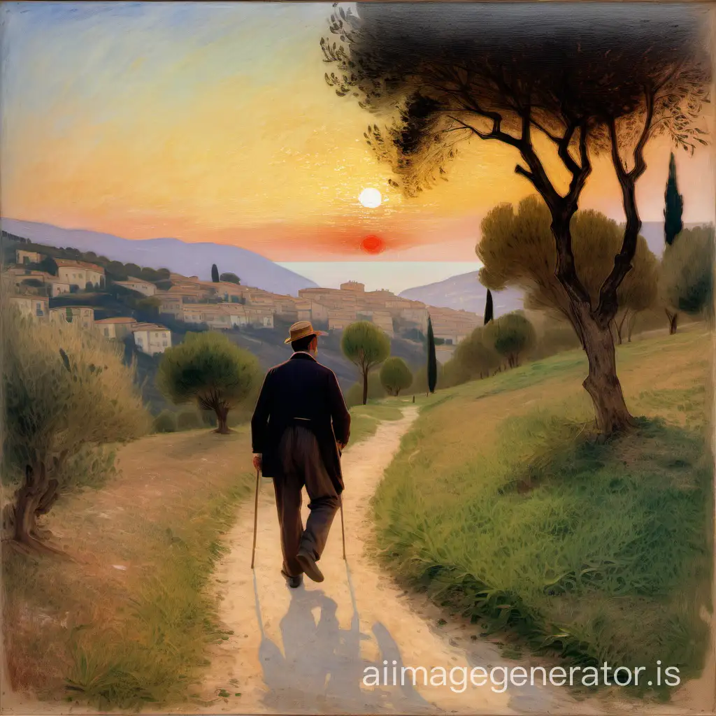 Un homme d'âge mûr marche dans un paysage naturel du Sud de la France (Digne), 19e siècle, ambiance coucher de soleil, style de peinture : impressionnisme