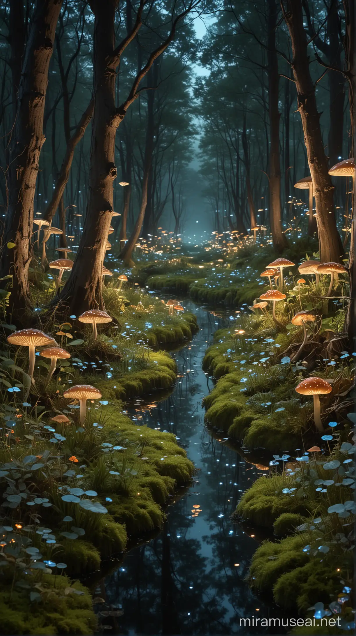 A magical nighttime forest where the ground and trees are illuminated by bioluminescent plants and mushrooms. A small, clear stream meanders through, reflecting the ethereal glow. The air is filled with tiny, light-emitting creatures, adding a sense of wonder and enchantment to the scene.
