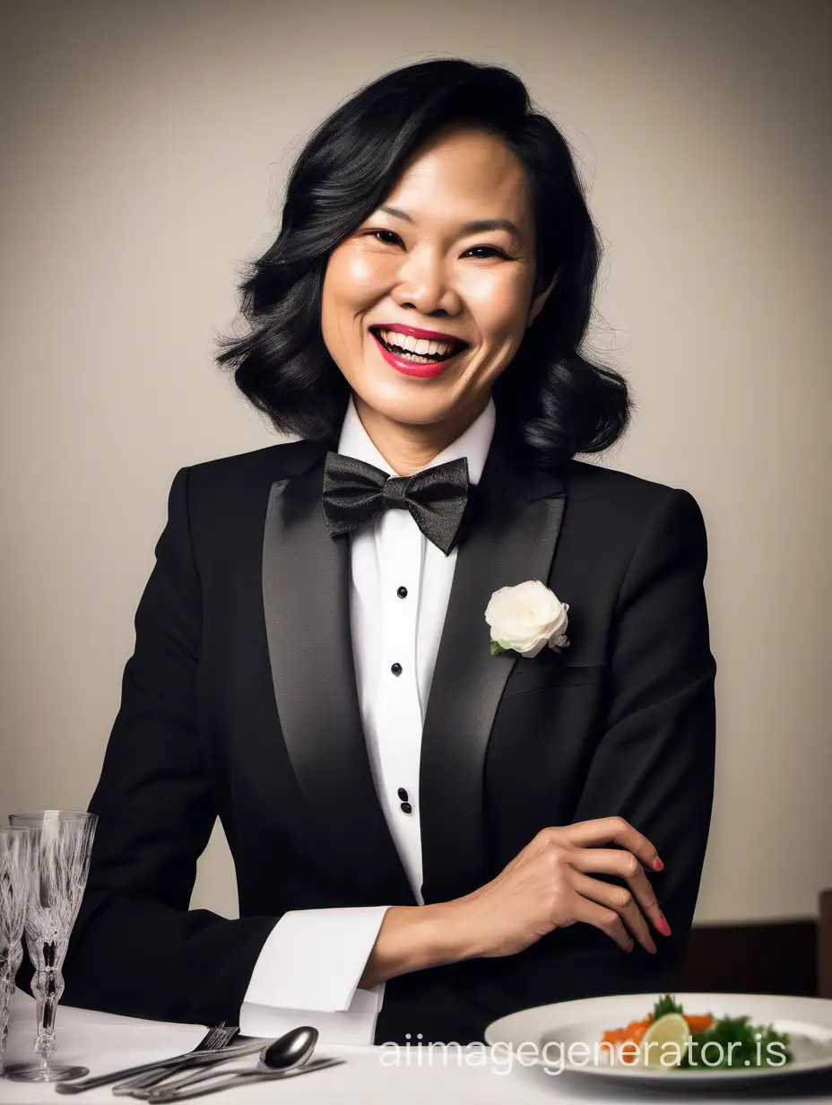 40 year old smiling vietnamese woman with shoulder length hair and lipstick wearing a tuxedo with a black bow tie.  Her shirt cuffs have cufflinks.  Her jacket has a corsage. She is at a dinner table.