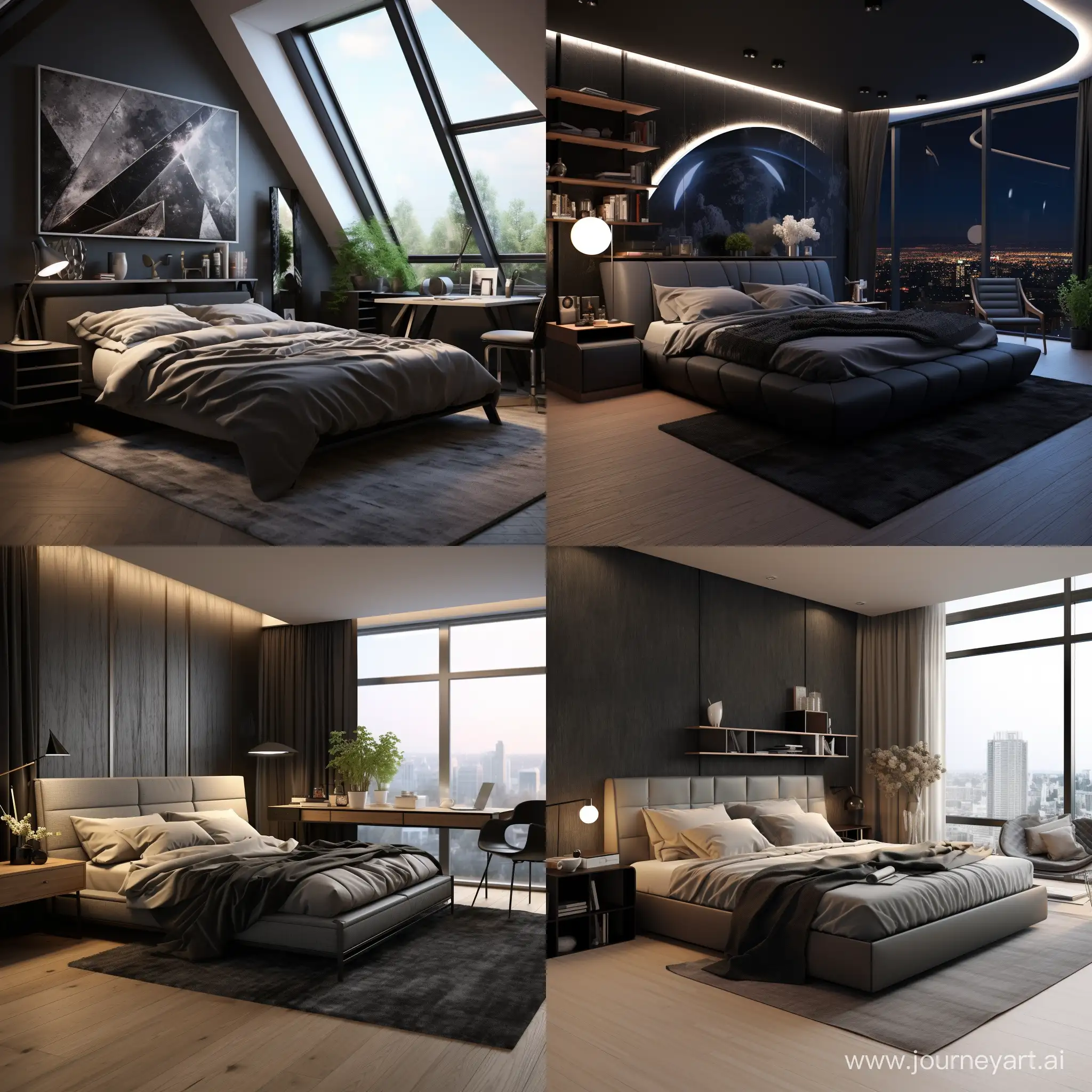 the design of a bedroom with a bed of 16 square meters in black tones in the afternoon at 12:00, 4K, realistic