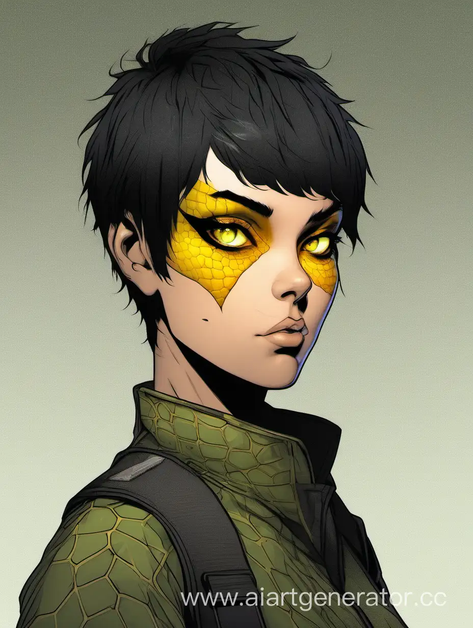 Serious brave looking 35 year old girl 
Scaly reptile skin 
Short black tomboy hair 
yellow cat eyes