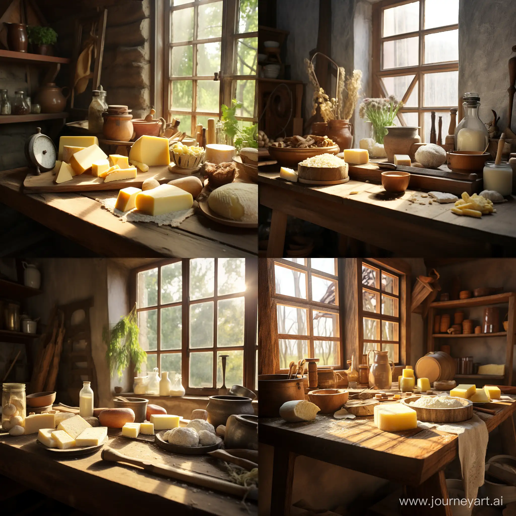 CINEMATIC (masterpiece, High resolution, photo-realistic:1.4),  in (designer-crafted typical Russian cheese ferm:1.2),  (manual mechanical press cheese press:1.9), steelless steel table, (cheese varieties:1.3), fresh bread, cutting board, warm light, morning sun through window, cheering tableware, intricate texture, mother and daughter, tasting cheese, smiling, enjoying, cherishing homemade tradition, peaceful atmosphere