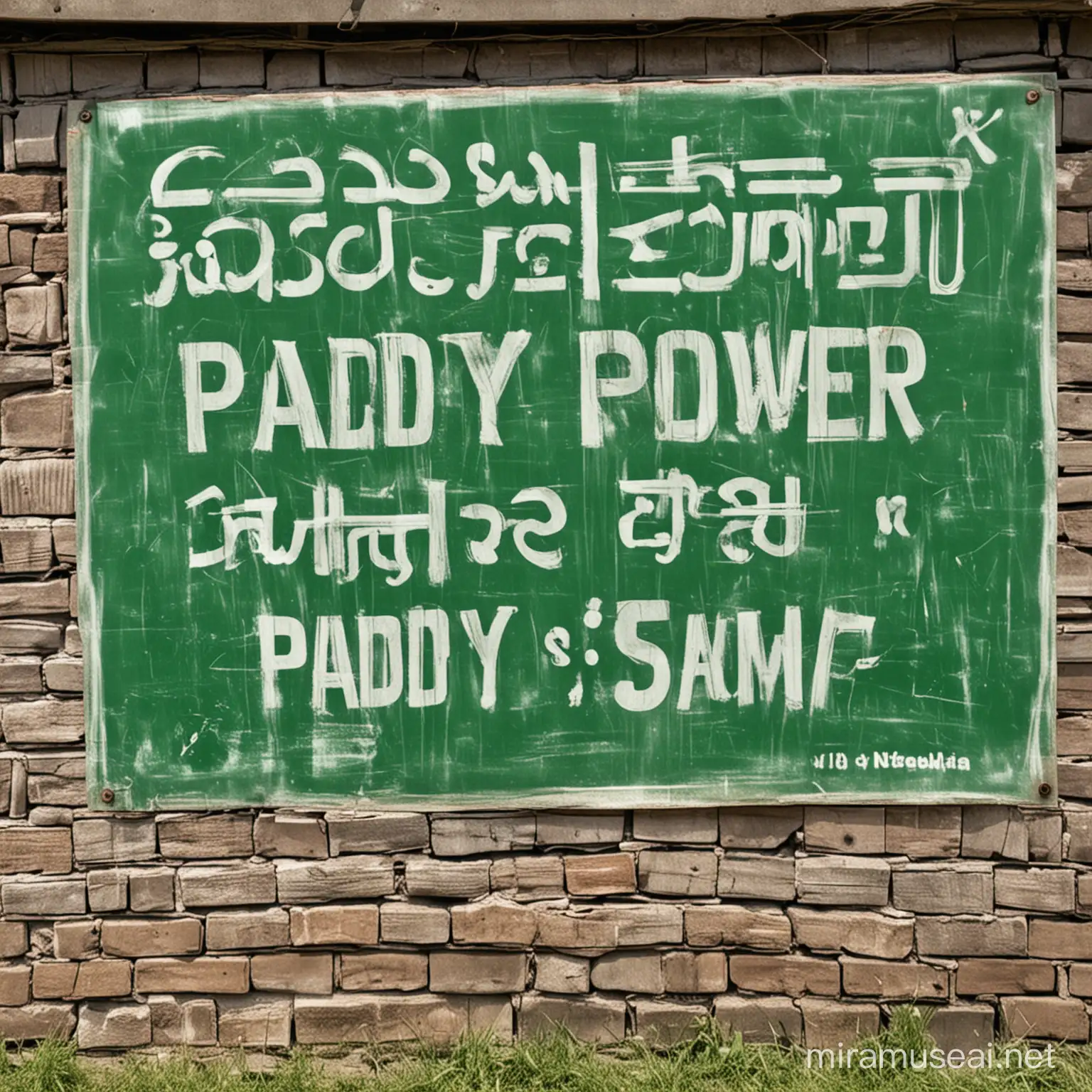 Shireesha, written on a sign. The sign has "paddy power scam" written on it in green writing.