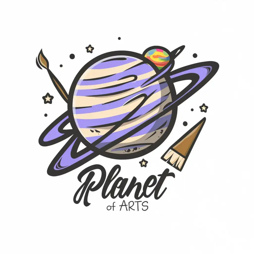 logo, Pastel purple and cream with black and white line Saturn, a painting brush, a camera, kids style, not hand writing fonts, easy to read the logo, with the text "Planet of Arts", typography, be used in Education industry