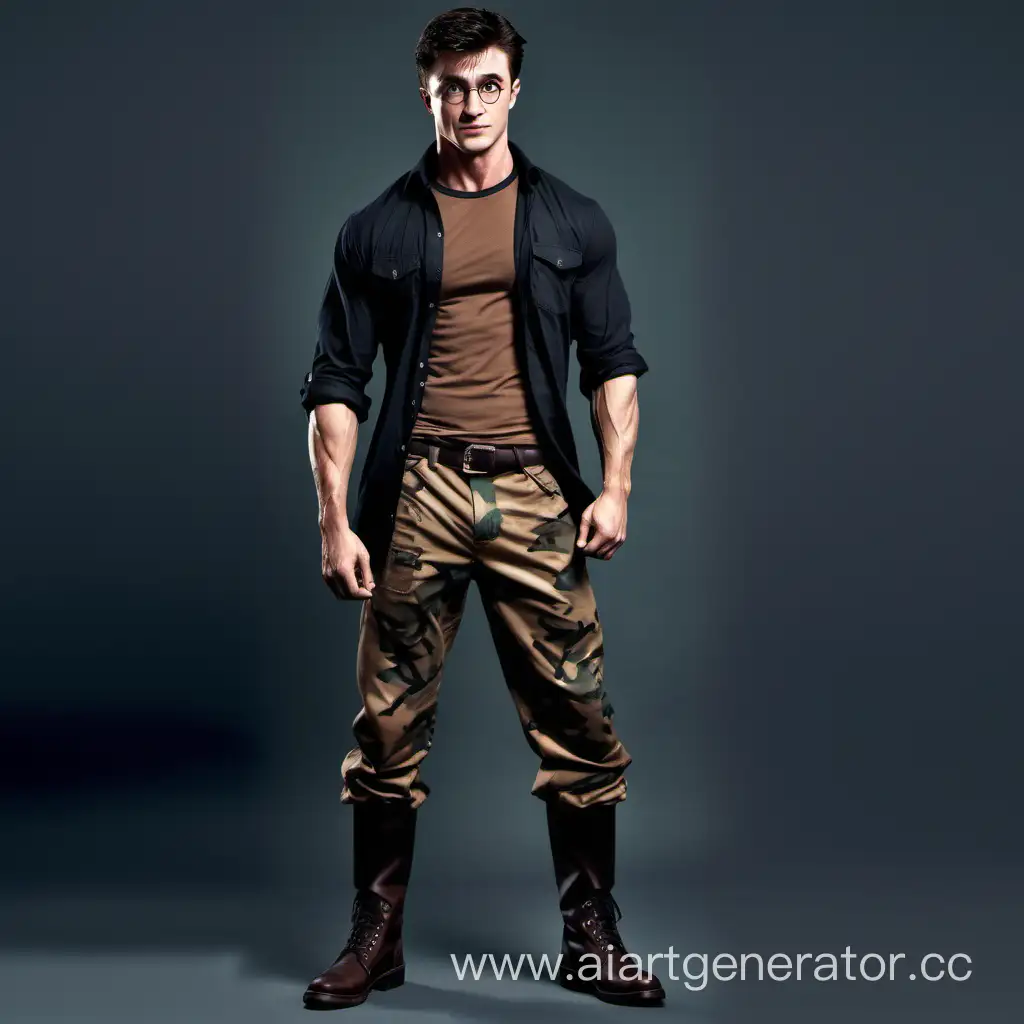 Tall, muscular, Harry Potter wardrobe, in black boots, camouflage pants, and a brown shirt, scar on the face, pumped up