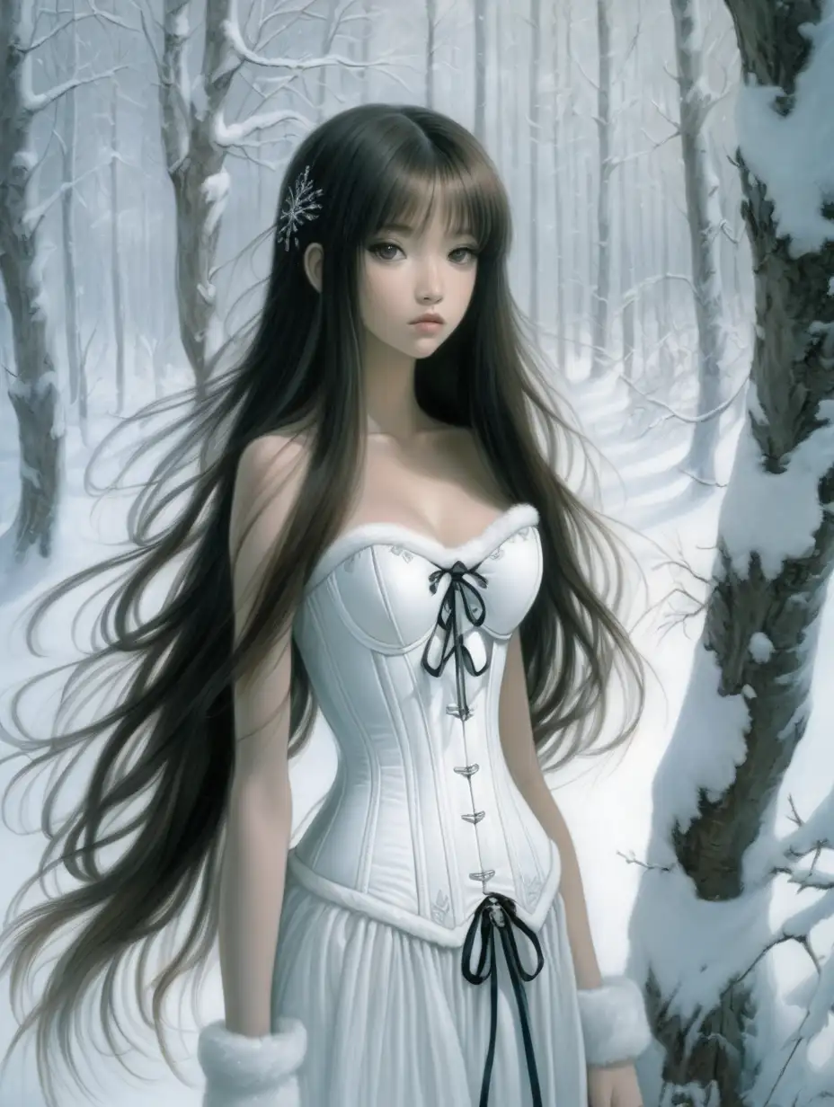 Chica mira al espectador, tiene el pelo largo y es delgada , tiene un corset blanco , solo se le ve la cara , esta en un bosque llena de nieve . Estilo artístico de Amano 