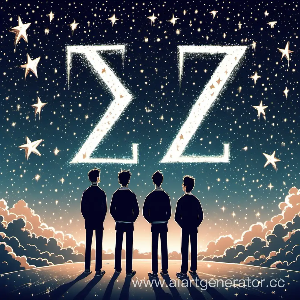 3 guys are standing and looking at the falling stars, and in the sky, there are big letters X Y Z