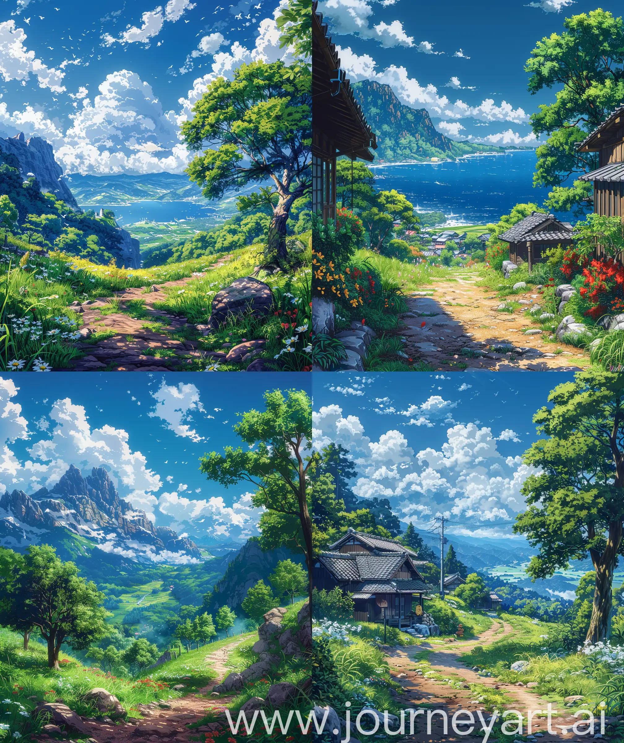 Beautiful anime scenary, mokoto shinkai style,
a beautiful summer time, "verious nature
scenaries ", anime style different places with
quite and calm view, beautiful sky, Day time, illustration ultra HD, high quality, sharp details, no blurry, no hyperrealistic --ar 27:32 --s 600