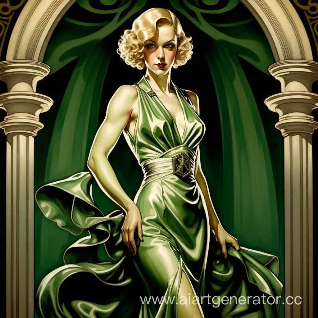 picture in the style of LEYENDECKER, J. C.
full-length portrait: a thirty-year-old affluent French woman with blond hair and green eyes dressed in an close dress, in the 1932 america setting of The Call of Cthulhu