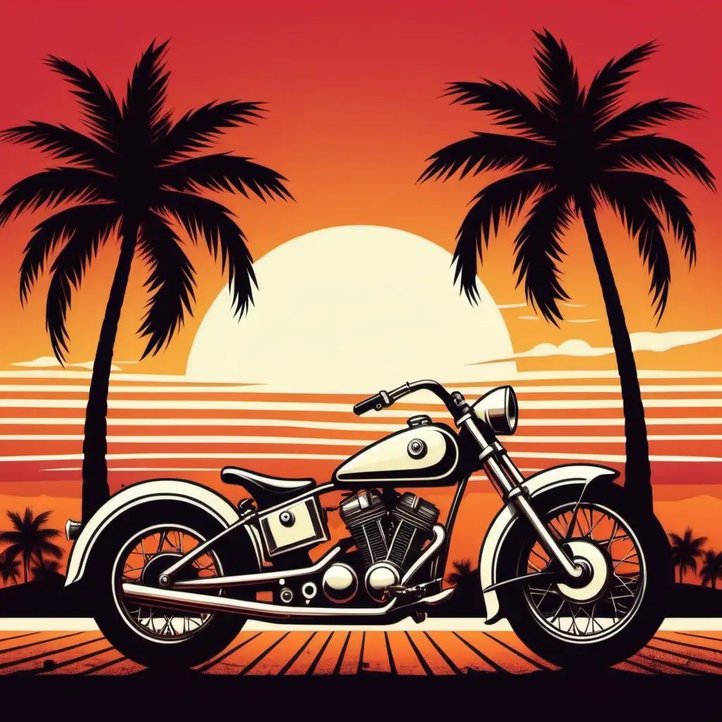 vintage motorcycle,backdrop retro BOLD sunset,incorporate elements like palm trees,use vintage colour pallete, white bachground