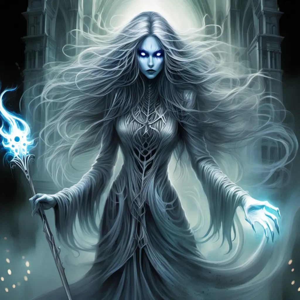 has an ethereal presence with flowing hair resembling wisps. Dressed in ghostly urban attire adorned with banshee motifs, her eyes glow with a spectral light. carries a banshee-themed scepter.