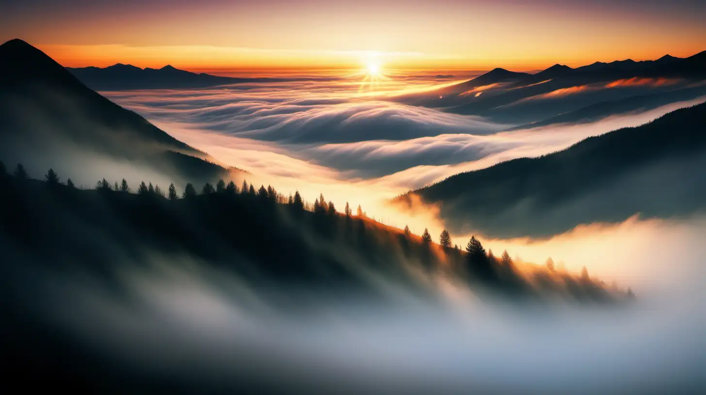 fog covered mountain landscape, sunrise burning through the fog
 