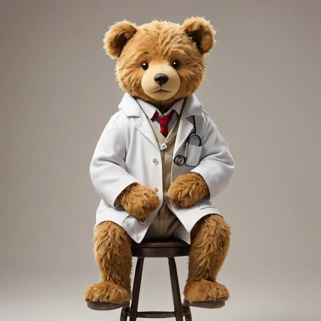 Battered old vintage Teddy Bear, sitting on a stool, dressed as a doctor with white coat and stethoscope draped around his neck, pens in coat pocket, blank background
