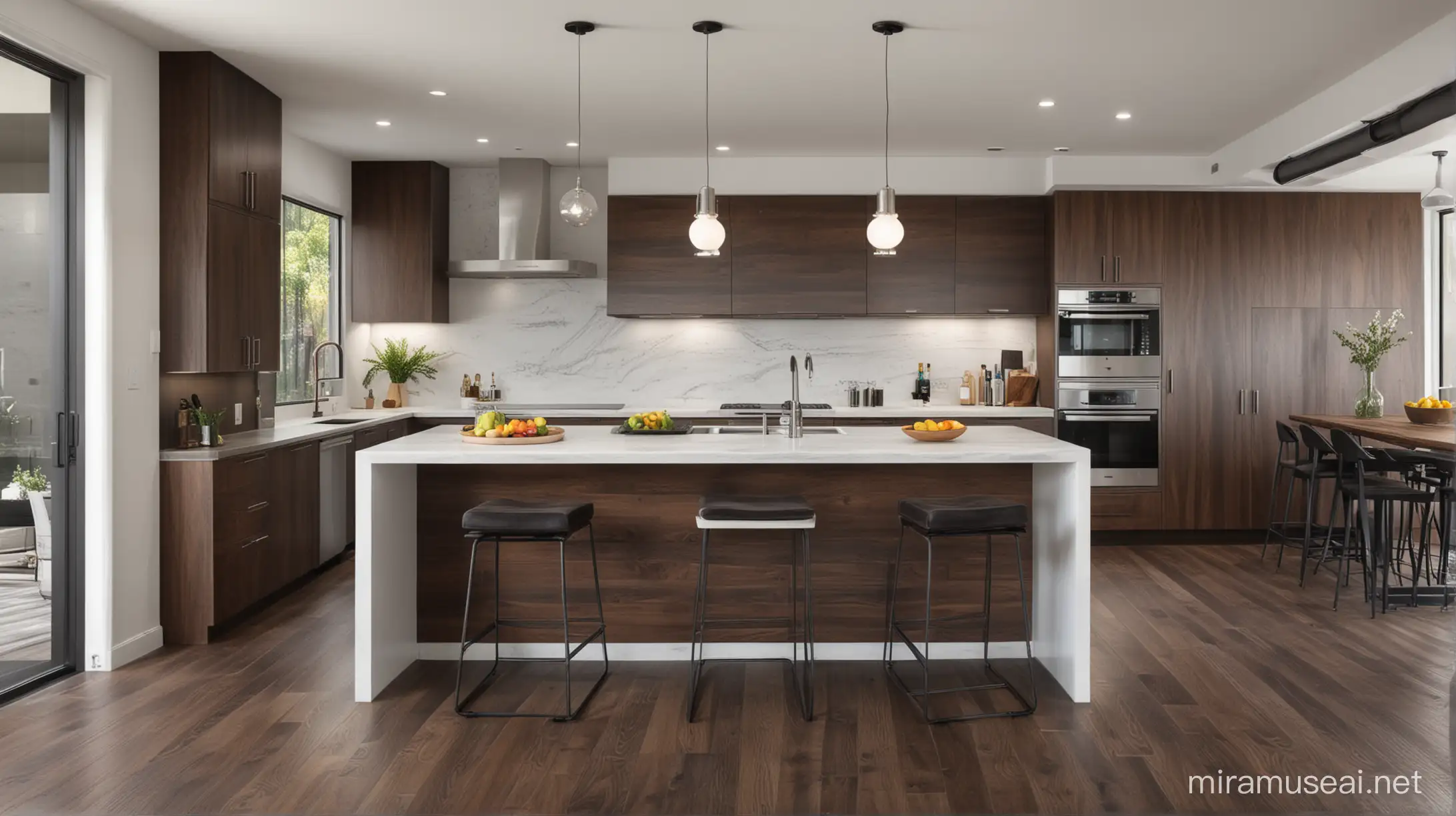 Create a kitchen with dark walnut cabinets, a white countertop, a kitchen island with a white cabinet and a wenge wooden countertop, a concrete dining table with black and white stools. It should be modern and bright, with reclaimed wood floors and white walls.