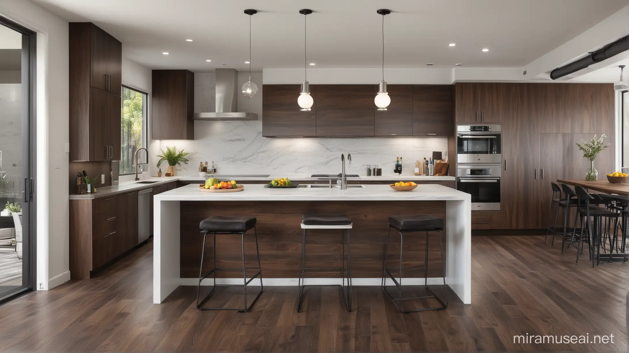 Modern Kitchen Design with Dark Walnut Cabinets and Reclaimed Wood Floors