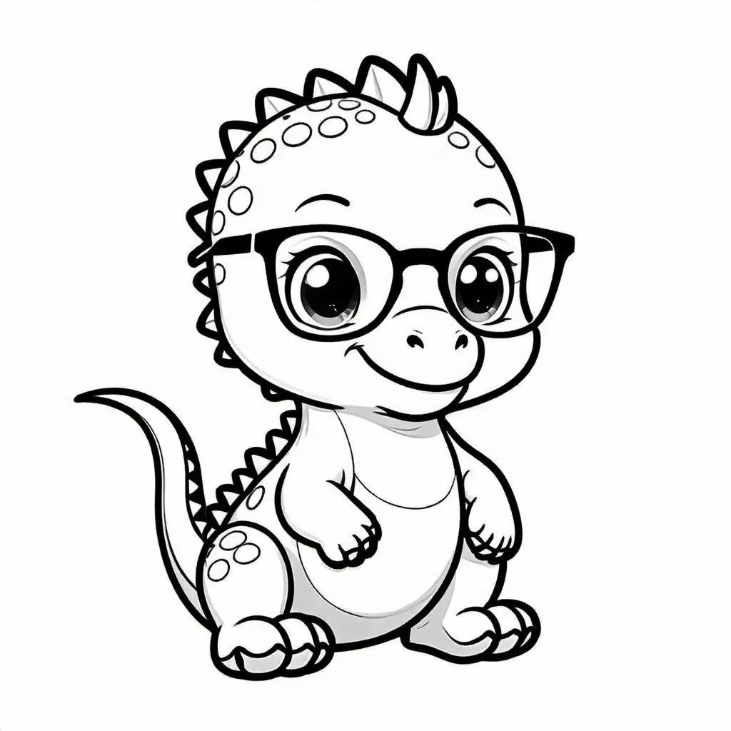 Baby dinosaur wear glasses, Coloring Page, black and white, line art, white background, Simplicity, Ample White Space. The background of the coloring page is plain white to make it easy for young children to color within the lines. The outlines of all the subjects are easy to distinguish, making it simple for kids to color without too much difficulty