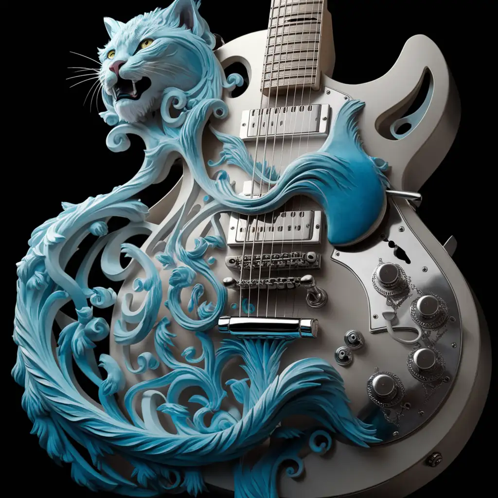 Realistic-Majestic-Blue-Feline-Carved-on-Light-Silver-Electric-Guitar