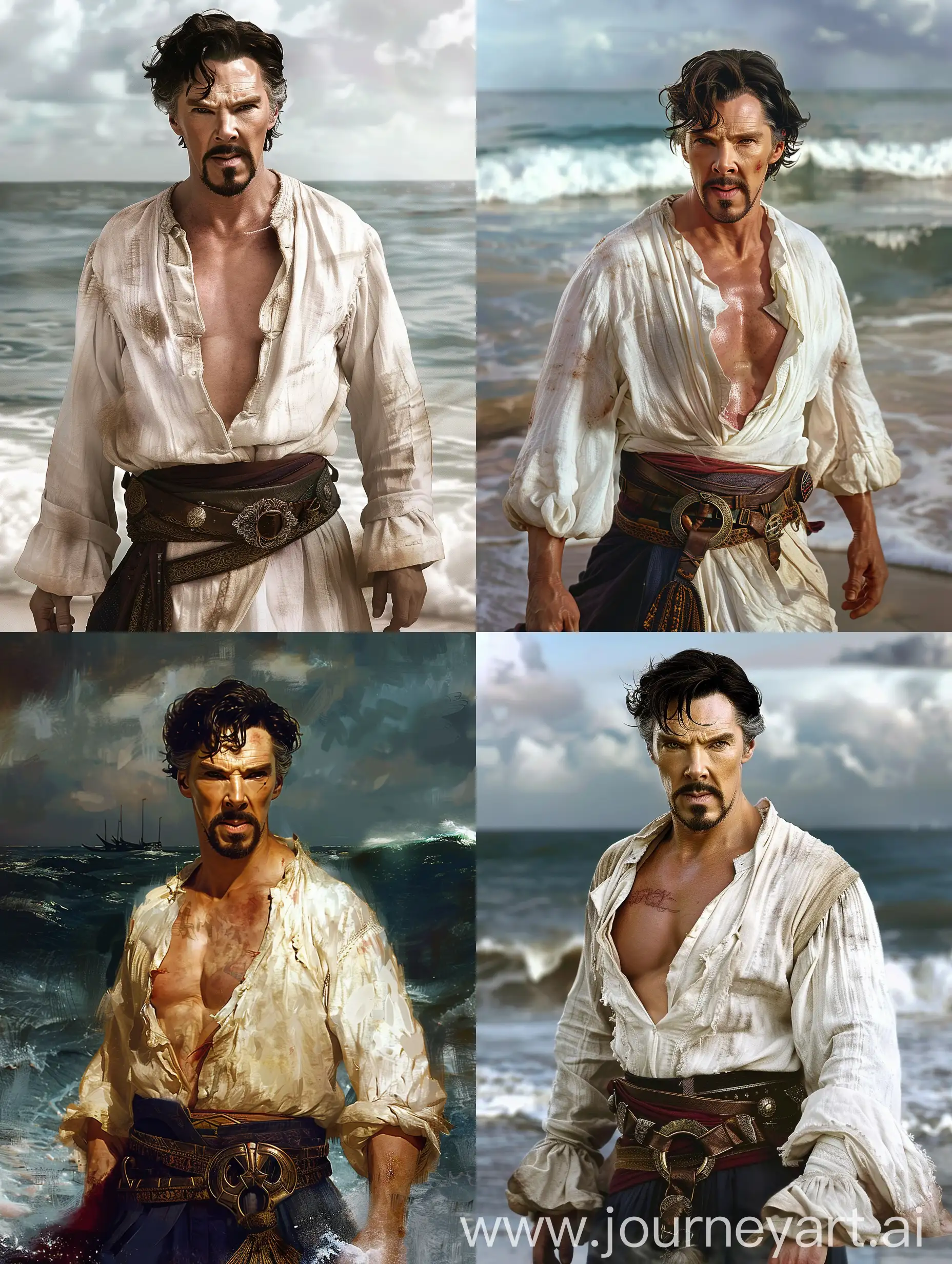 Doctor Strange, in pirate white peasant shirt, sexy, exposing chest near the sea, not hat. no cloak,