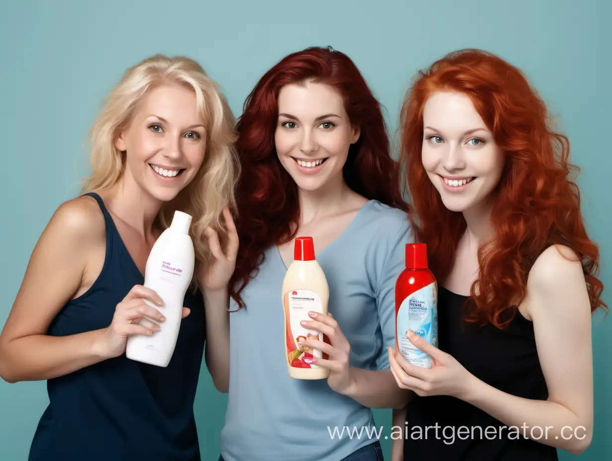 Joyful-Women-of-Different-Ages-with-Beautiful-Hair-and-Shampoo-Bottle