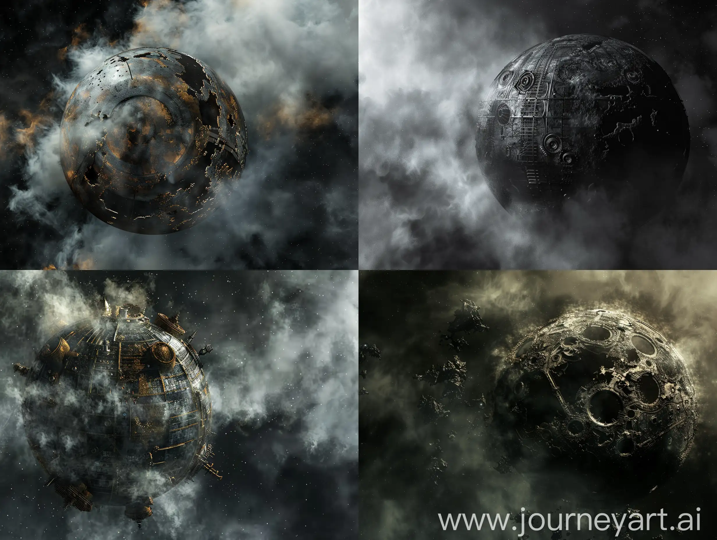 A Planet Made Of Metal And Steam In Vast Blank Space, Steampunk, Fantasy Theme, Astrology, Detailed, 3D Photo, High Resolution, Grim, Space Background, Dark Background, Blank empty space background.