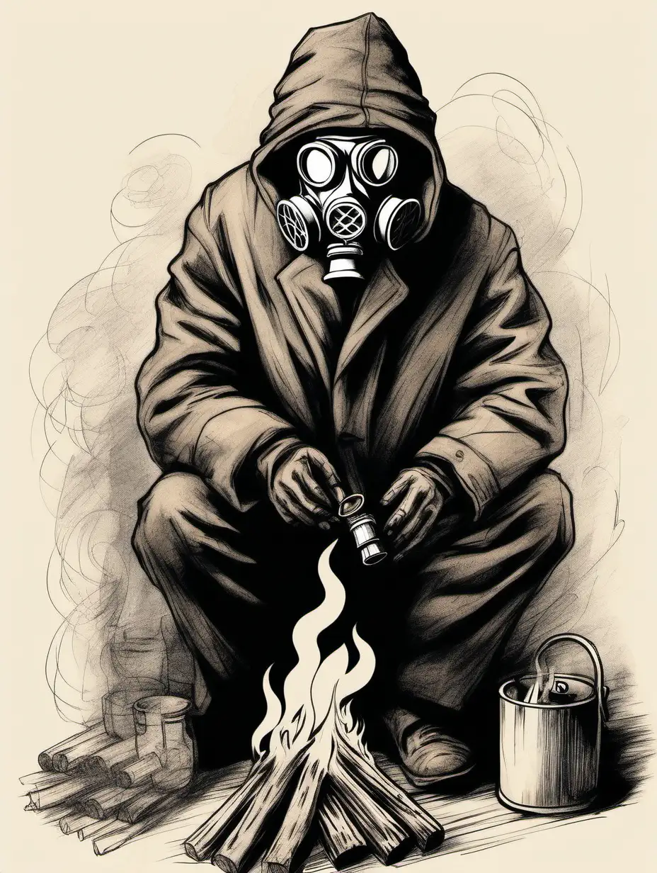 Homeless Man wearing overcoat with gas mask warming hands with wood fire sketch