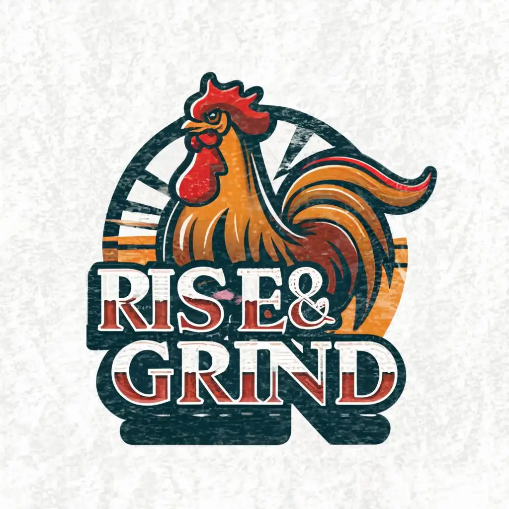 a logo design,with the text "Rise & Grind", main symbol:Rooster in coffee, sunrise, coffee cup, rooster,Moderate,be used in Restaurant industry,clear background