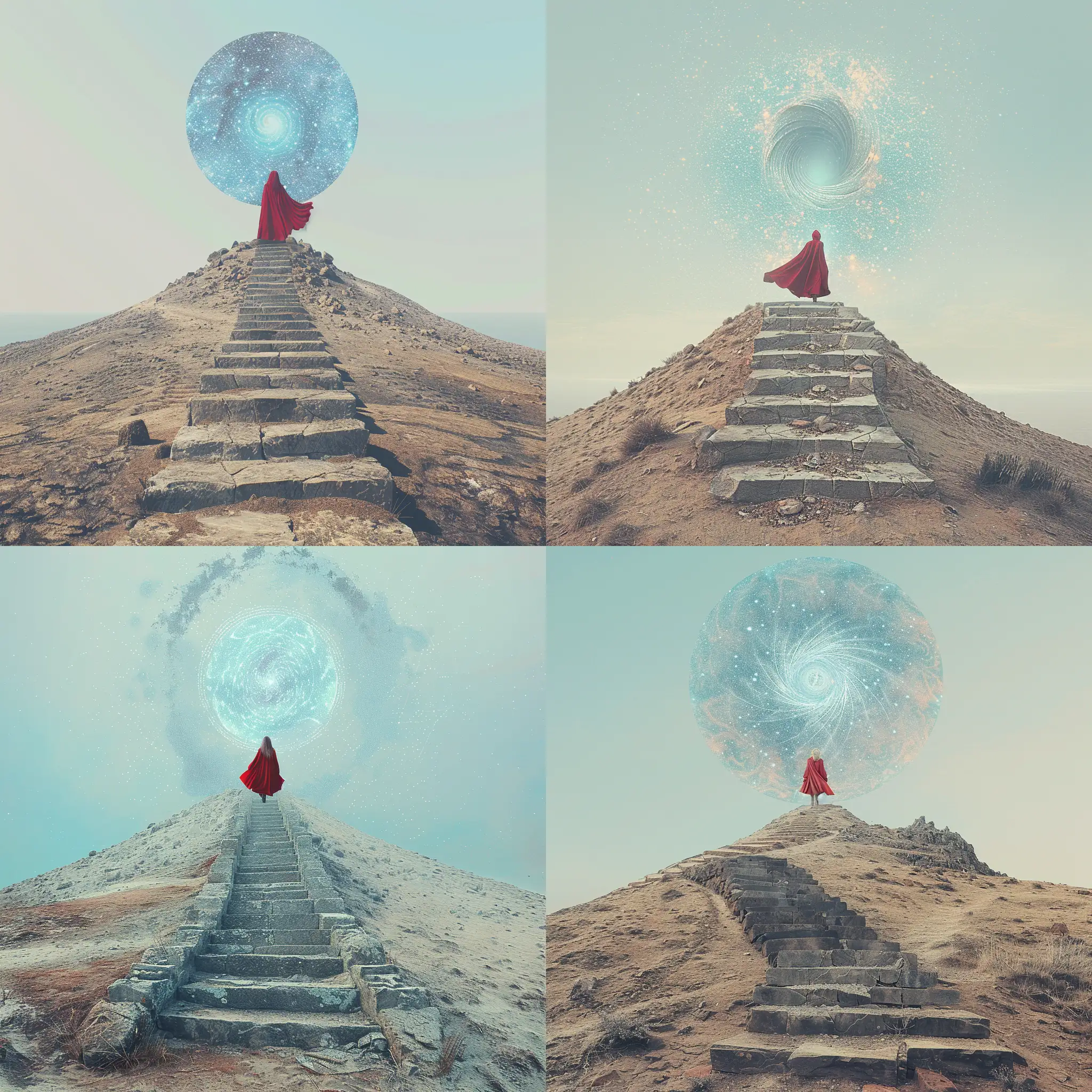 A highly detailed image of a a set of stone steps reaching up into the air from the top of a barren hill. A beautiful woman in a red cloak is walking up the stairs. The sky is light blue and at the top of the steps is a round vortex filled with stars. Beautiful magical fantasy mysterious etheral highly detailed ec