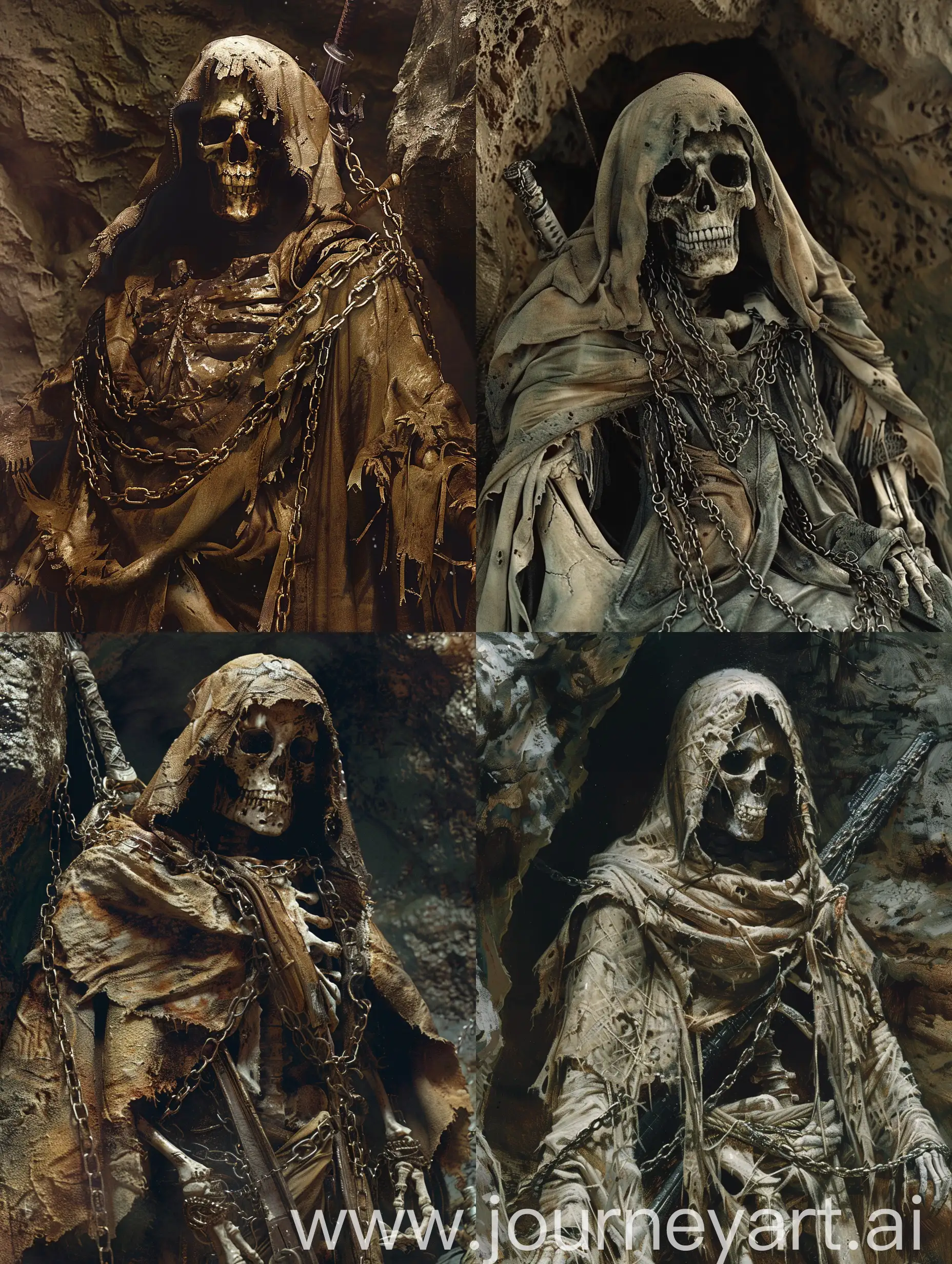 Skeleton warrior [ The central subject is a skeletal being draped in tattered robes and armor. The figure wears a hooded cloak, obscuring most of its skull-like face. Only the empty eye sockets and an open mouth are visible. The robes are worn and torn, suggesting age or neglect. Chains are wrapped around its body, adding to the eerie ambiance.]with robe and hood,naginata on the back , in a cave-like place underground Imprisoned in solitary confinement , horror place , incredible detail,terrifying, imaginary image,fantasy.