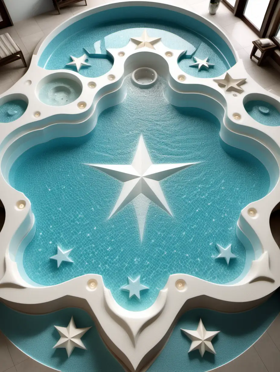 indoor swim spa pool. in the shape of a star. full of milk. very intricately and microscopically detailed. emphasizing the free flow of liquid. emphasizing the smooth and creaminess of the milk.
