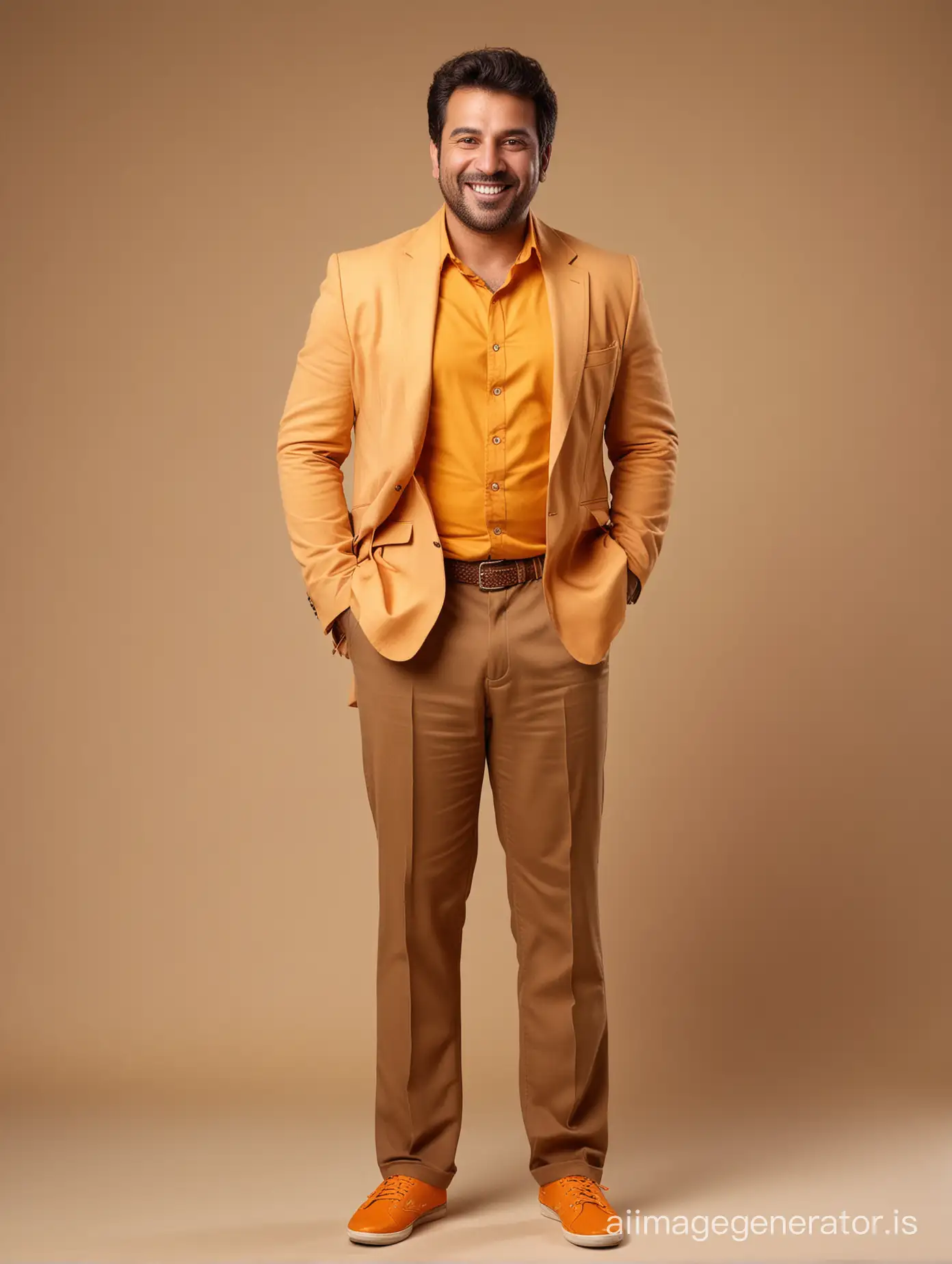 iranian fat happy man 40 years old, mango blazer, orange shirt, cream pants, yellow shoes, brown hair, full body shot, fantasy light orange solid background, dramatic lighting