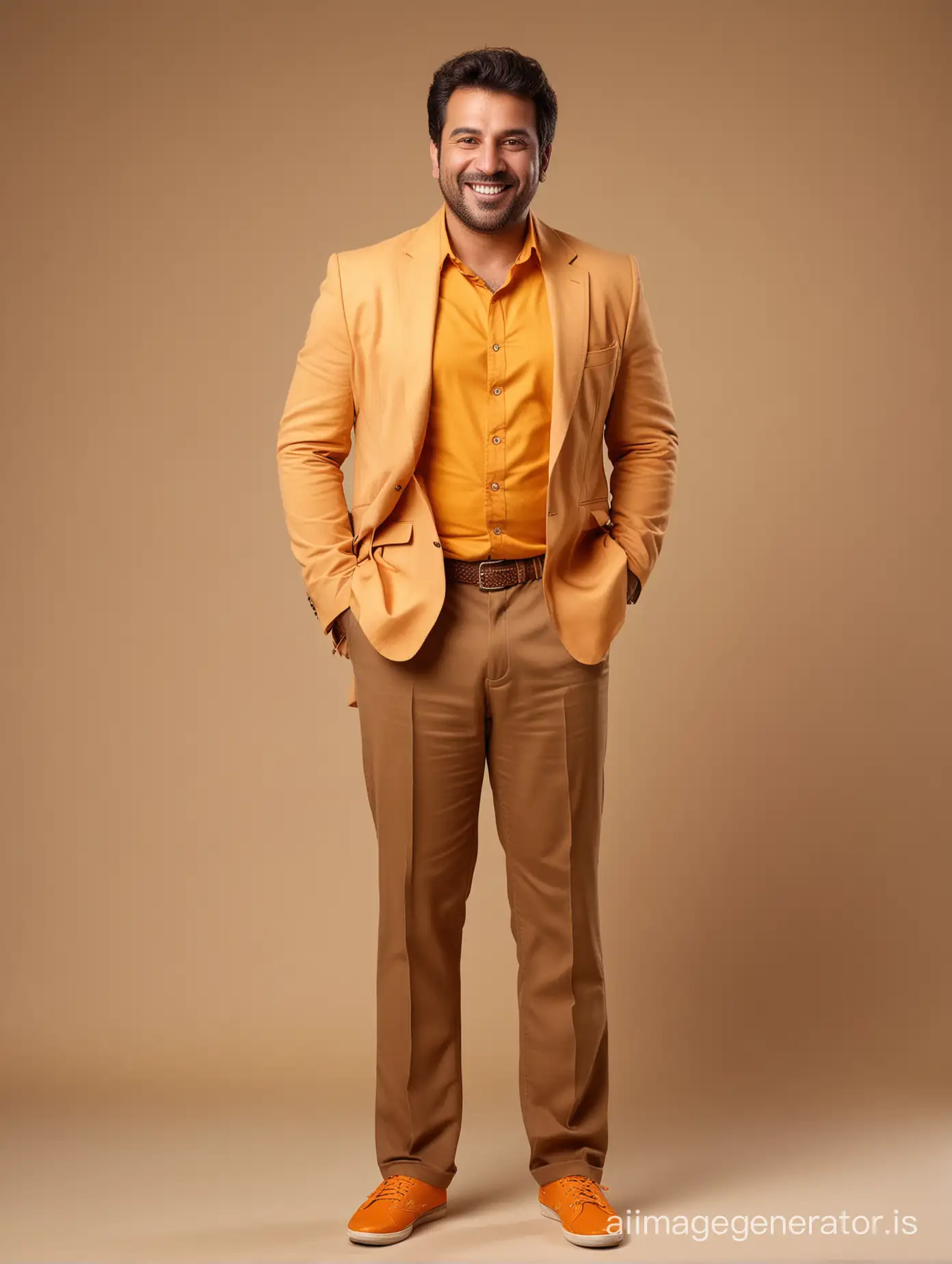 iranian fat happy man 40  years old, mango blazer, orange  shirt, cream pants, yellow shoes, brown hair, full body shot, fantasy  light orange solid background, dramatic lighting