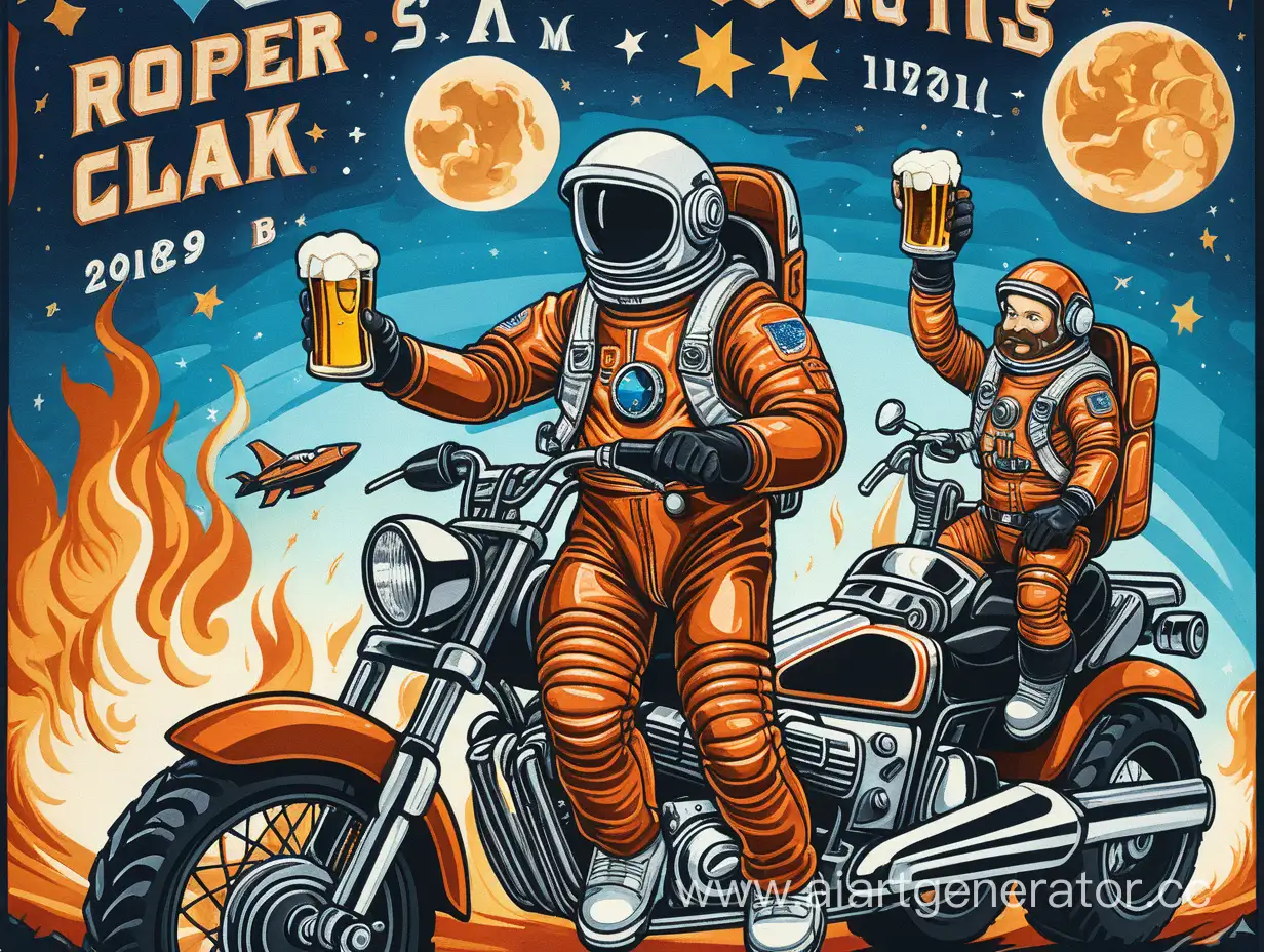 Cosmonautics-Celebration-Astronaut-on-Motorcycle-with-Beer-and-Bikers-Grilling-Shashlik