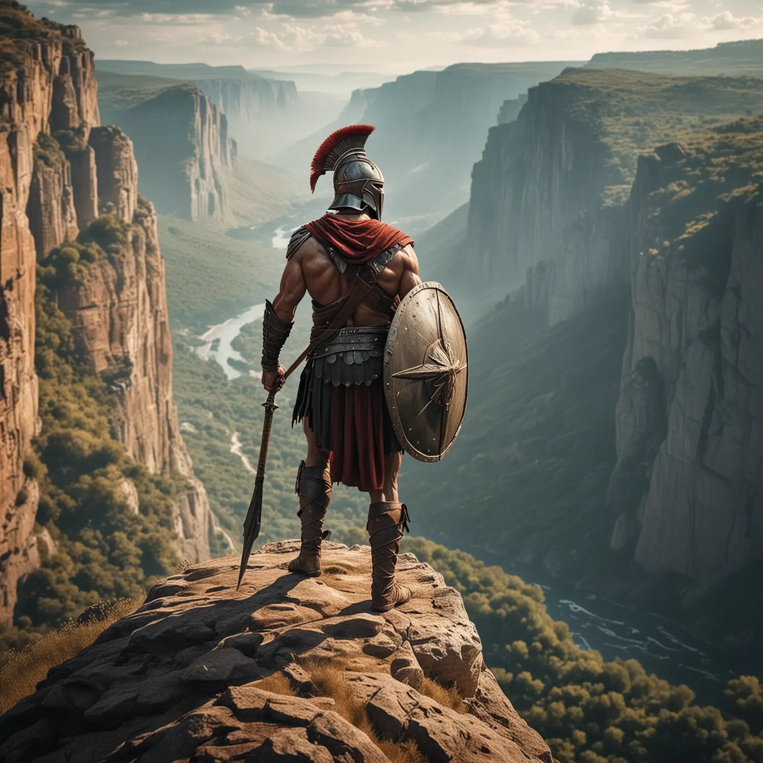 Spartan Warrior Standing on Cliff Edge with Spear