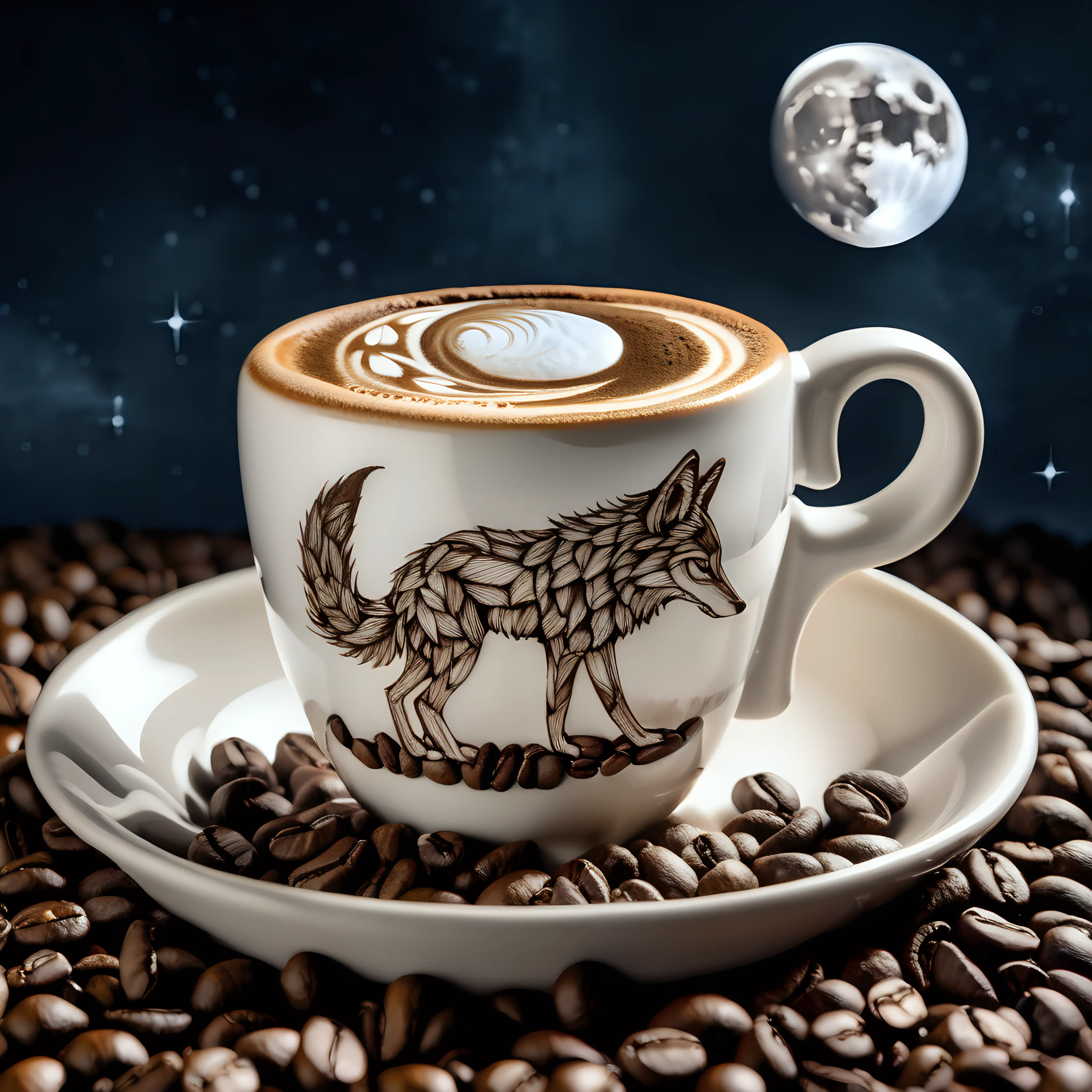 Roasted Coffee grains forming the shape of a beautiful howling coyote at the moon. But the full moon is a cup with latte art
