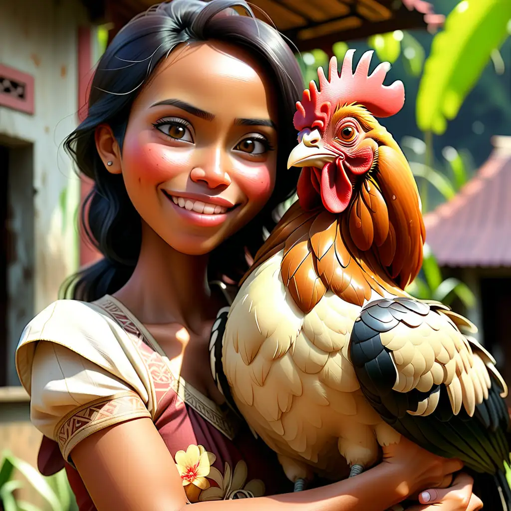 Affectionate Indonesian Woman Embracing a Majestic Rooster