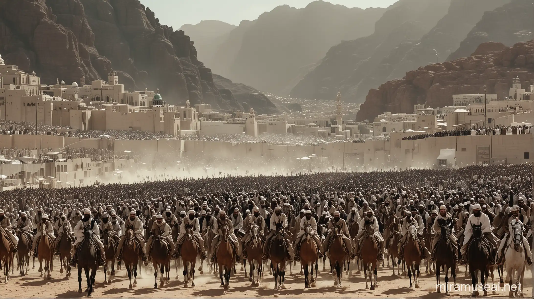 cinematic view of  muslim army led by prophet muhammad to conquest Makkah  in 8 AH