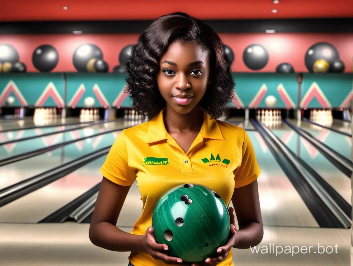 In the background are bowling alley lanes. In the foreground holding a bowling ball and wearing a team shirt is a gorgeous young petite Jamaican woman, realistic detail