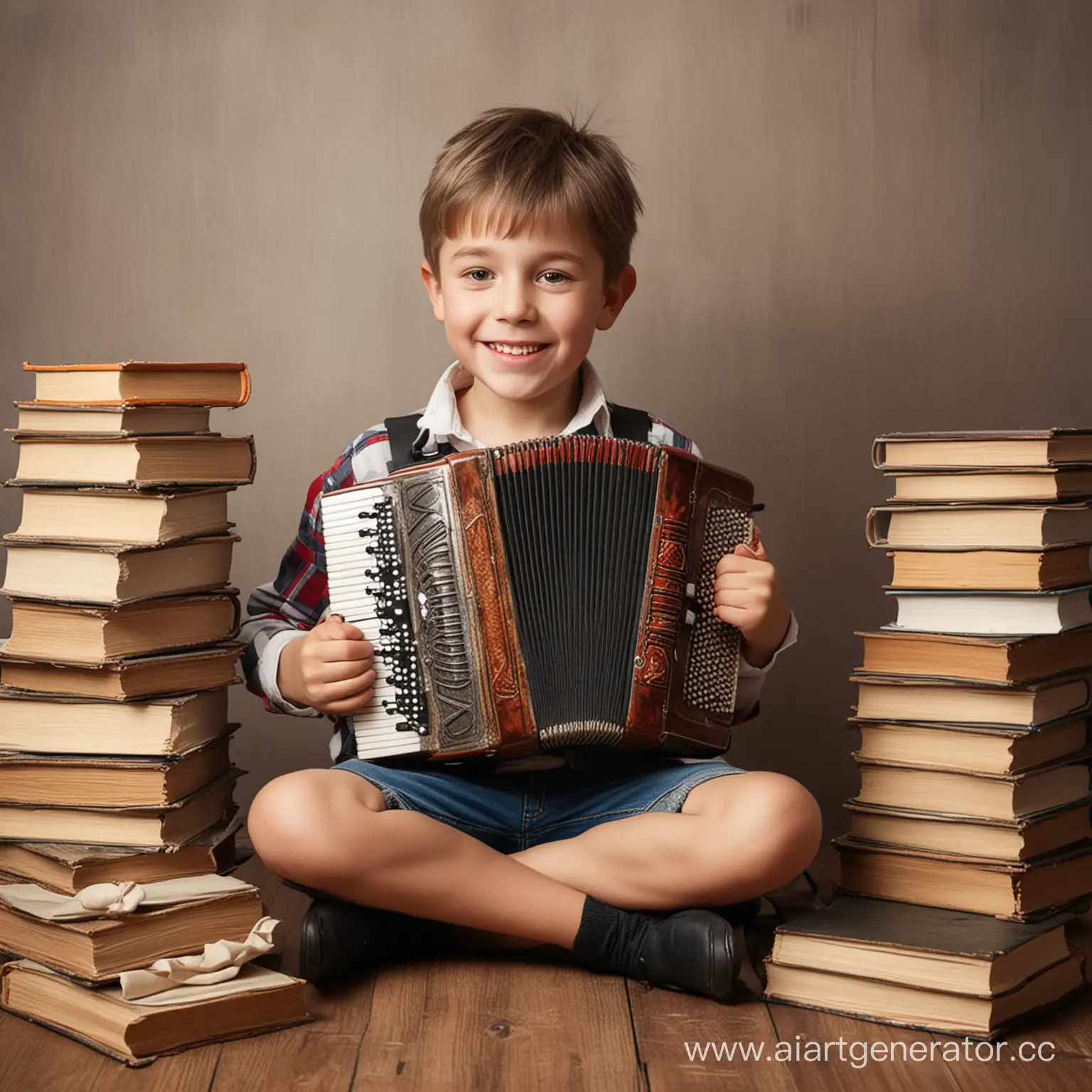 мальчик с аккордеоном и много книг вокруг