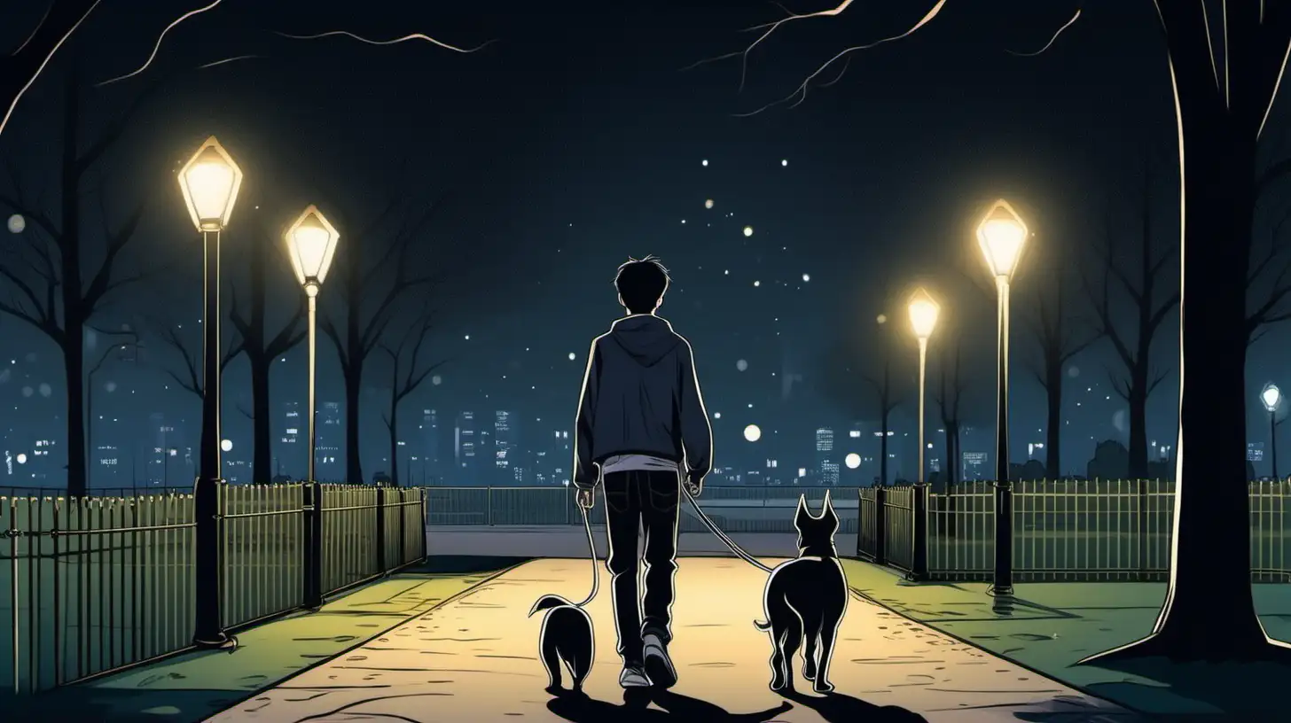 A 16-years-old boy with short black hair with his dog takes a walk in a quiet park without other people at night.