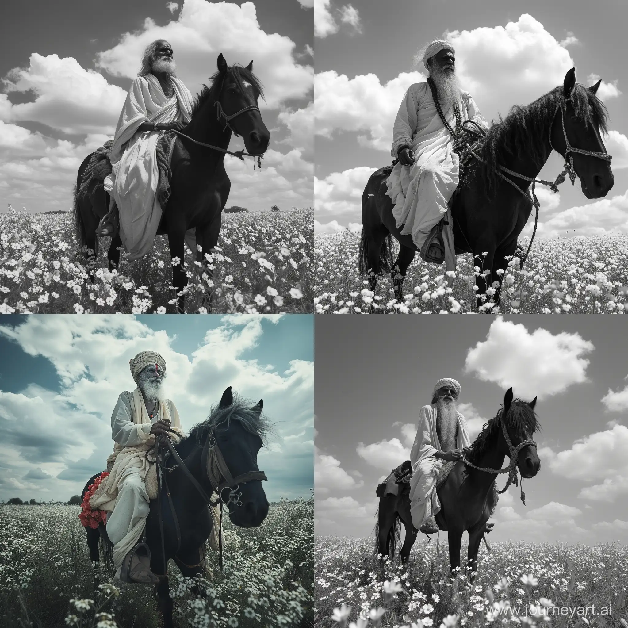 Elderly-Indian-Sadhu-Riding-Black-Horse-in-White-Flower-Meadow-under-Blue-Sky
