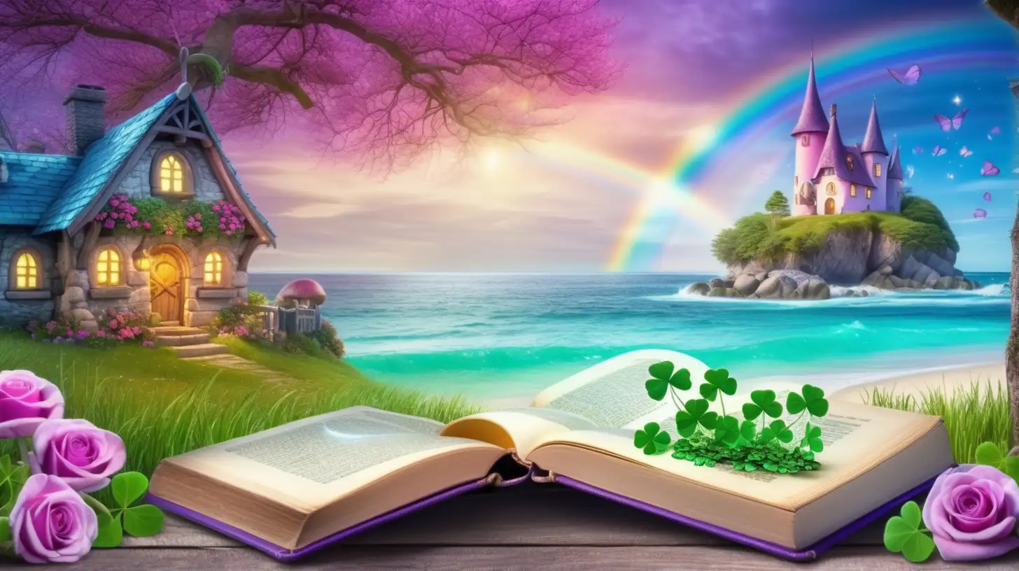 Enchanting Fairytale Scene Magical Books and Shamrocks Amid Glowing Purple and Green Mushrooms