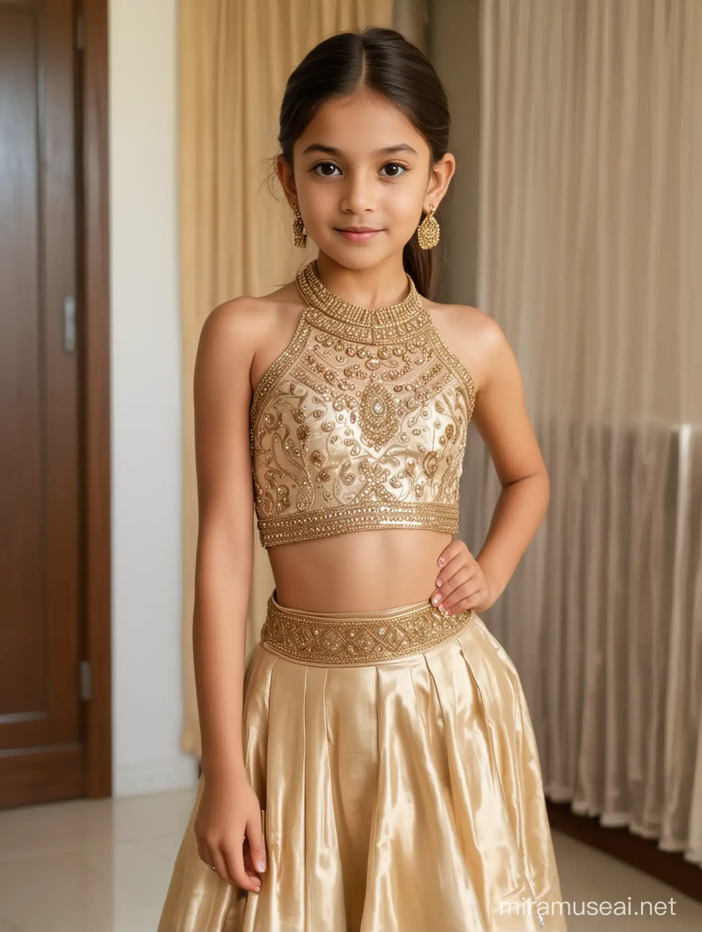 10 years old girl, white skin, beautiful, wearing champagne gold very thin halter neck very thin choli with lehenga, her front view, in well lit house