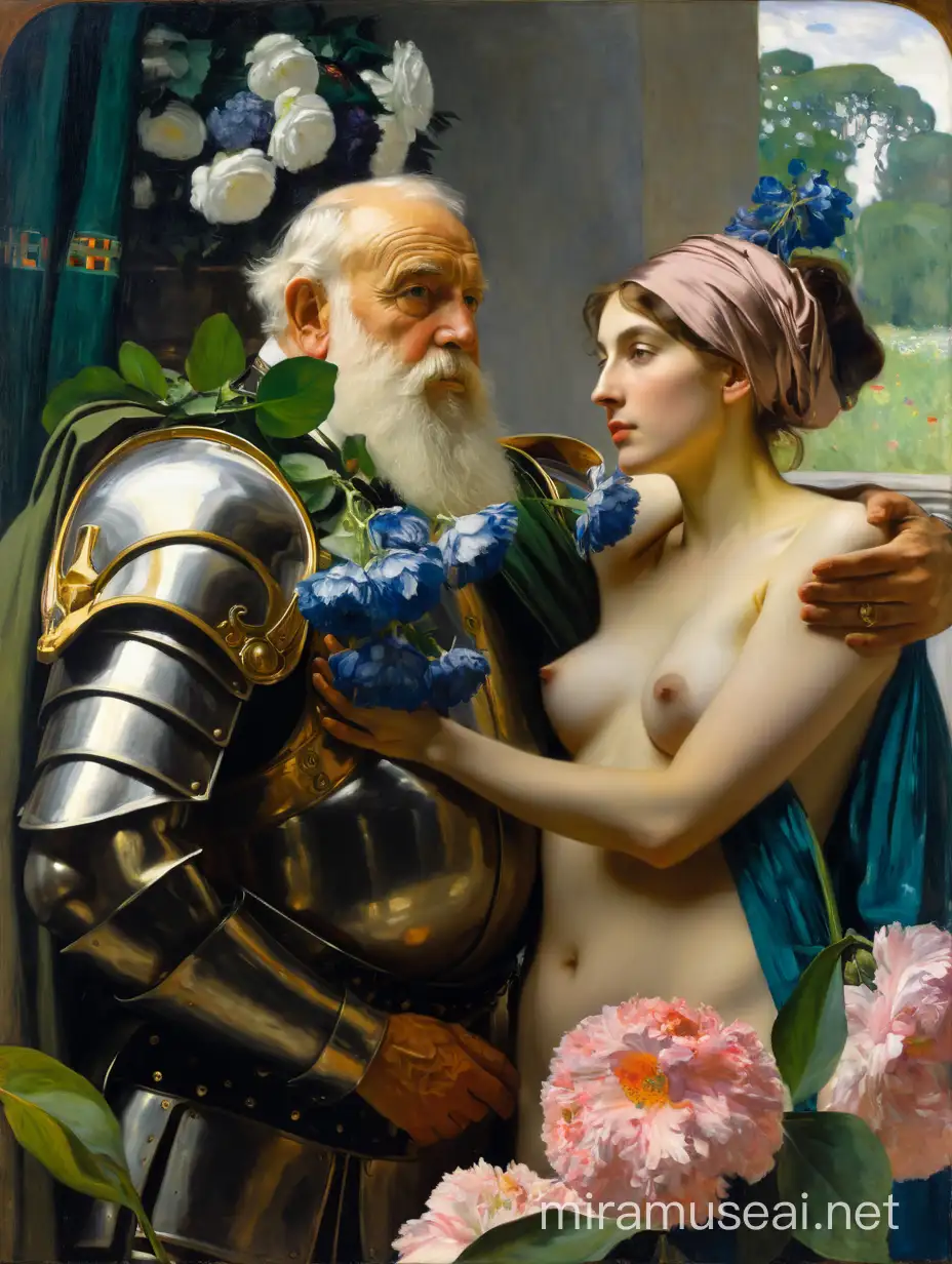 Intergenerational Encounter Young Woman and Elderly Knight Amidst Florals