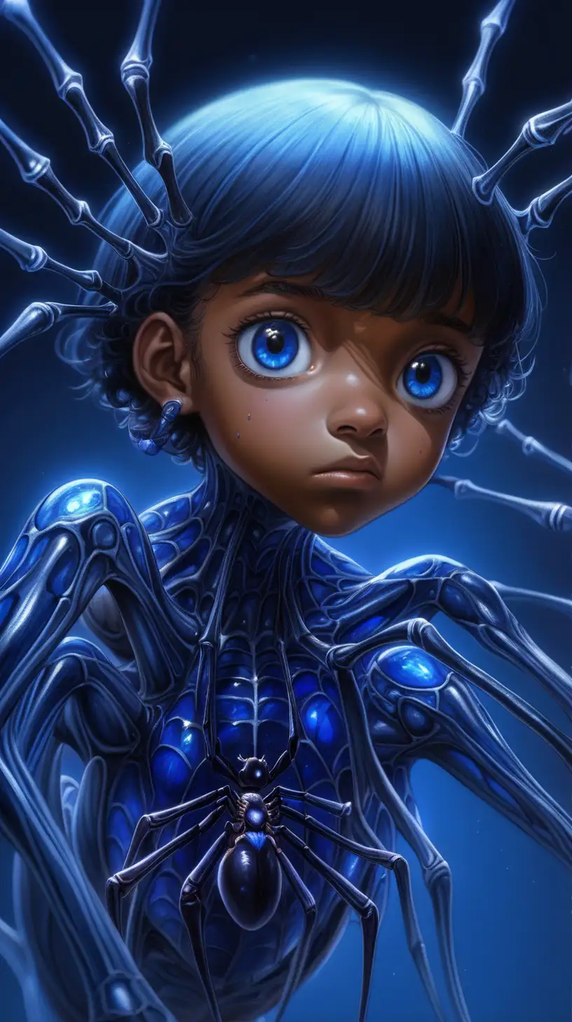 Biomechanical Dark Fantasy Art Featuring a Young Girl in Sapphire Blue