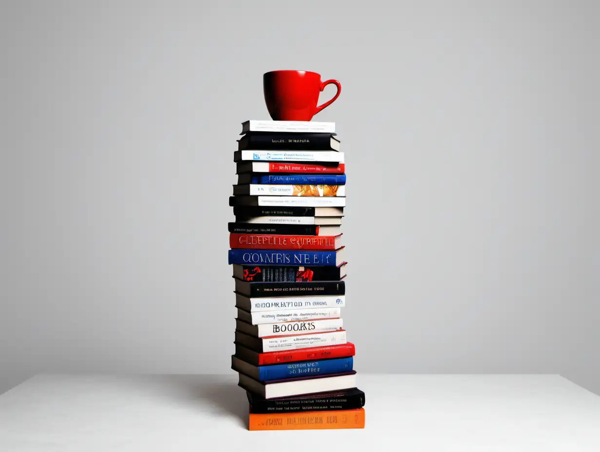 Stylish Cup Atop Towering Stack of 15 Books